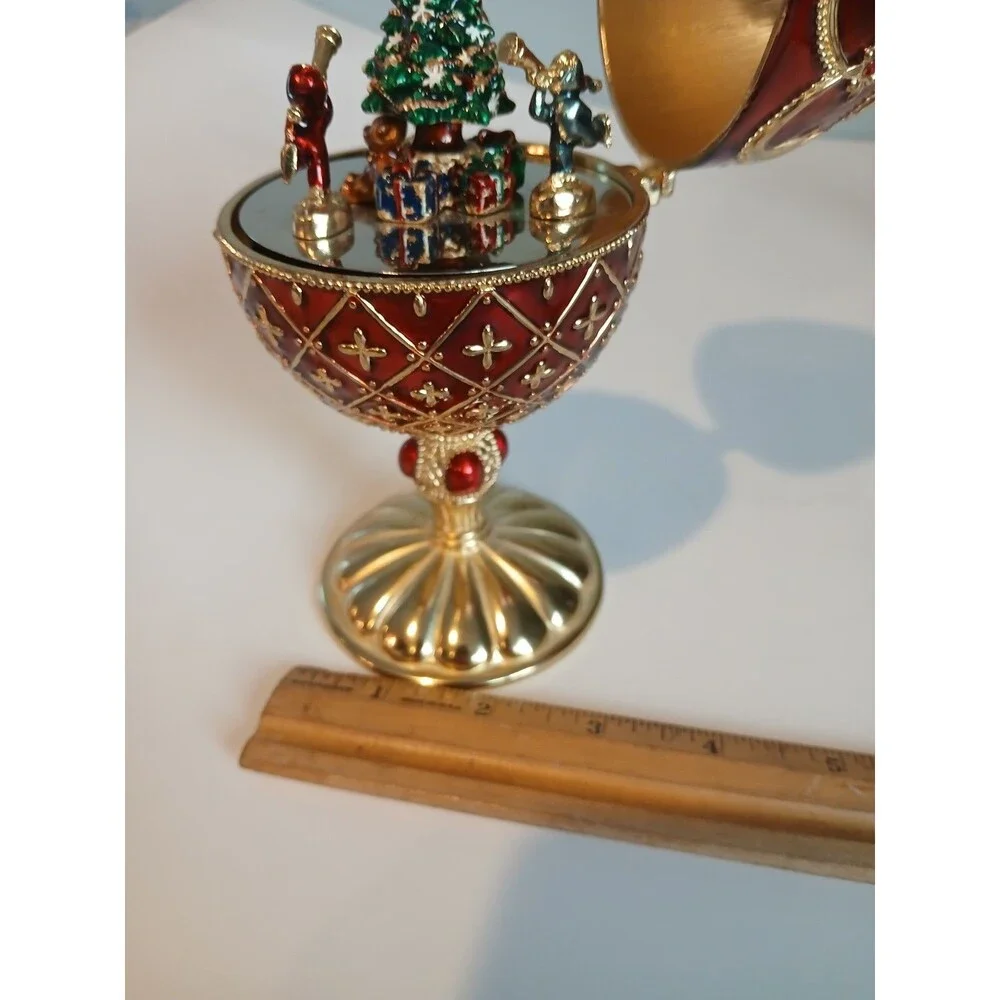 Red Enamel Egg Ruby Jewel Wind Up Music Box Christmas Tree W Presents